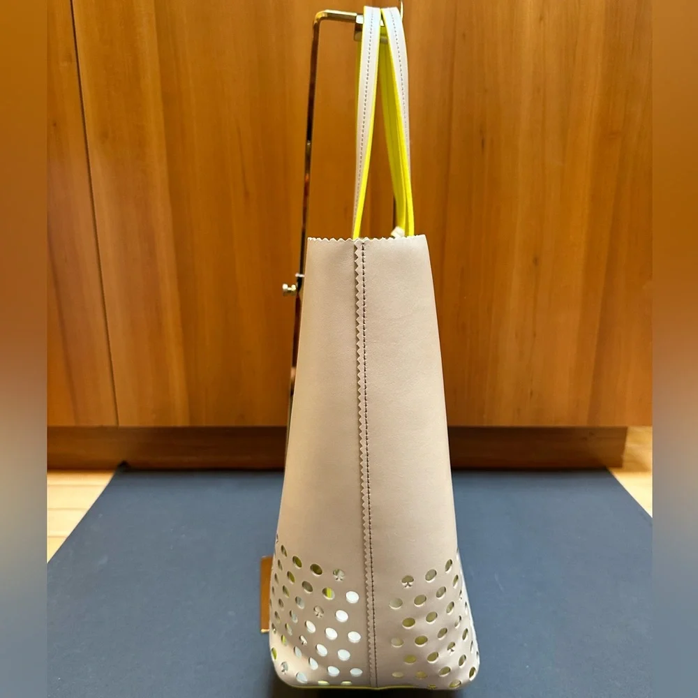 NWOT Kate Spade Large Cream & Neon Yellow Perforated Leather Tote +cloth dustbag - Picture 6 of 9